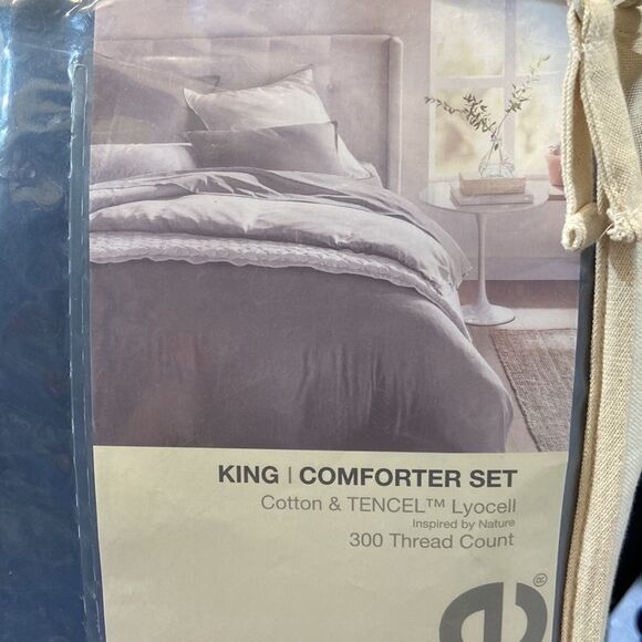 OAKE Reversible Cotton Tencel 3-Pc. Comforter Cover Set, Light Blue/Navy - Picture 3 of 3